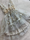 Cute V Neck Floral Short Gray Prom Dress Lace Formal Appliques Graduation Homecoming Dress OKX42