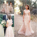 Pearl Pink A Line V-neck Sleeveless Floor-Length Tulle Wedding Dresses With Lace Appliques OK379