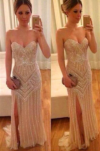 Real Beautiful Long Front Split Sweetheart Handmade Backless Prom Dress K661