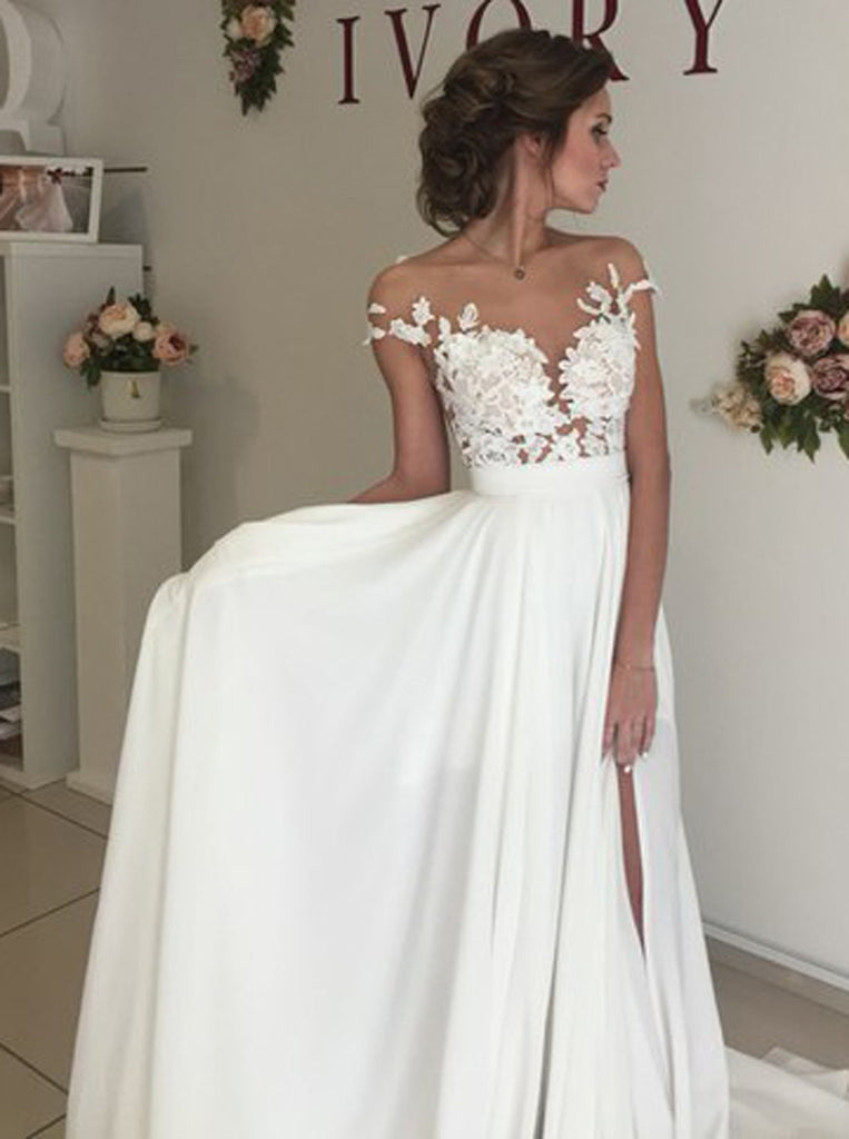 Elegant White Chiffon Wedding Dress with Appliques, Sweep Train A Line Wedding Dress