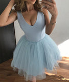 Lovely V-Neck Light Blue Tulle Homecoming Dress A-Line Party Dress Sleeveless Graduation Dress OK1549