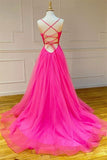 Hot Pink A Line Tulle Prom Dress Long Formal Dress Evening Dress Dance Dress OK1339