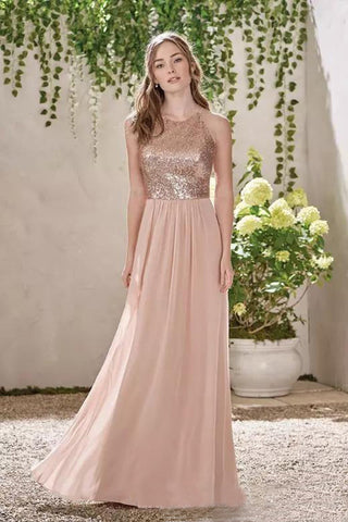 Rose Gold A Line Backless Bridesmaid Dress,Sequins Chiffon Cheap Beach Bridesmaid Dress OKI11
