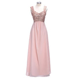 Rose Gold A Line Spaghetti Straps Prom Gowns Backless Sequined Chiffon Bridesmaid Dress OKI10