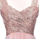 Rose Gold A Line Spaghetti Straps Prom Gowns Backless Sequined Chiffon Bridesmaid Dress OKI10