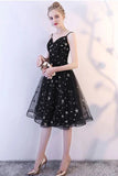 Black Spaghetti Straps V Neck Tulle Graduation Dress with Stars Glitter Homecoming Dress OKU54