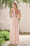 Rose Gold A Line Spaghetti Straps Prom Gowns Backless Sequined Chiffon Bridesmaid Dress OKI10