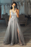 Grey A Line V Neck Long Appliques Tulle Prom Dresses OKP66