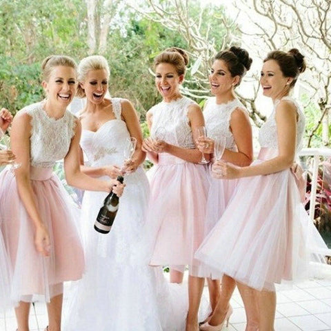 A-Line Light Pink Tulle Knee Length Bridesmaid Dresses with Lace OKG64