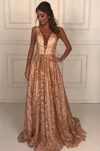Fashion A-Line Deep V-Neck Floor-Length Lace Prom Dress with Beading OKK72