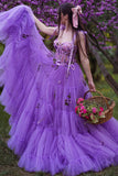 A Line Purple Long Tulle Layered Prom Dress With Flowers Formal Evening Dress OK1404