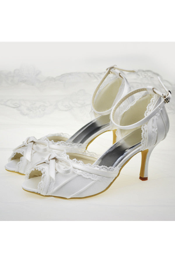 Silver Satin Lace Ankle Strap Peep Toe Prom Shoes S90