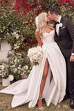 Satin Backless Sweetheart A Line Simple Bride Dress with High Thigh Split OK1291