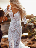 See Through Lace Long Sleeve Backless Mermaid Wedding Dresses OKF82