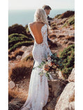 See Through Lace Long Sleeve Backless Mermaid Wedding Dresses OKF82
