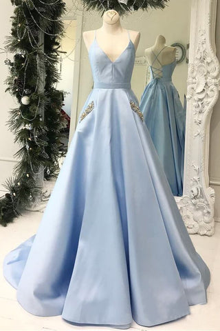 Simple Spaghetti Straps Sky Blue Satin Long Prom Dress with Pocket OKN77