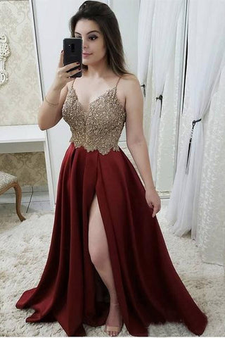 Spaghetti Strap A Line Maroon Long Beaded Prom Dress with Slit and Gold Lace OKI29