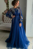 Charming A Line Long Sleeve Tulle Appliques Prom Dress Long Evening Dress OK1067