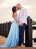 Sexy Split Sky Blue Beach Simple Wedding Dress Chiffon Long Prom Dress