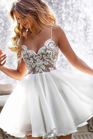 A Line Spaghetti Traps White Homecoming Dresses With Appliques OKM3