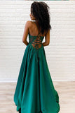 Emerald Spaghetti Straps Lace Appliques A Line Prom Dress OKU37