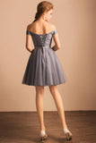 Grey A-line Princess Short Off the shoulder Pleated Homecoming Dresses OKA59