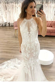 Mermaid Tulle Sleeveless Bridal Gown with Floral Appliques Details Wedding Dress OK1703