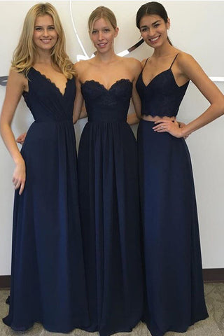 Navy blue Chiffon Simple Lace Long A Line Sleeveless Bridesmaid Dress OK238