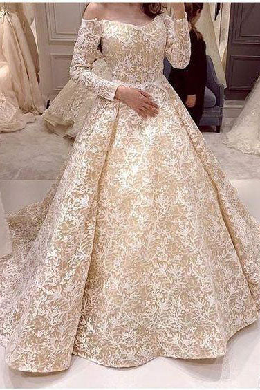 Off the Shoulder Long Sleeves Lace Ball Gown Wedding Dress OK1050