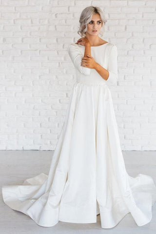 Simple White A-line Satin Sweep Train 3/4 Sleeves Backless Wedding Dresses OK740