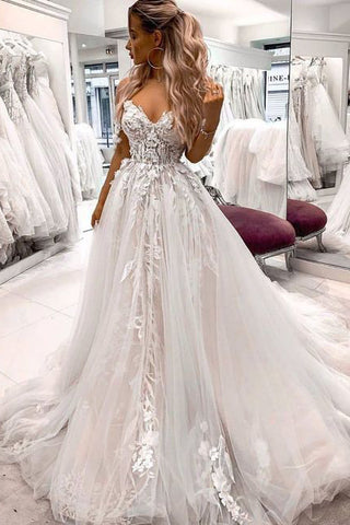 Gorgeous A-line Off the Shoulder Tulle Lace Appliques Boho Wedding Dress OK1010