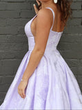 A-Line Floor-Length Lilac Printed Prom Dresses, Simple Long Evening Dresses OKJ12