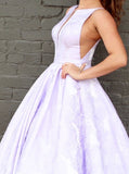 A-Line Floor-Length Lilac Printed Prom Dresses, Simple Long Evening Dresses OKJ12