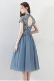 Blue A Line Tulle Short Sleeves High Neck Appliques Homecoming Dress OKC5