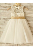 A-line Scoop Sleeveless Bowknot Floor-Length Tulle Flower Girl Dress With Lace OK712