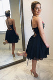 Black Floral A Line V Neck Cheap Chiffon Short Prom Dress OKB86