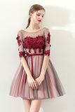 A Line Red Flowers Half Sleeves Homecoming Dress, Short Appliques Prom Dress OKN61