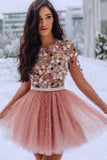 Blush Pink Short Prom Dress 3D Flowers Beaded Homecomingl Dresses OKP5