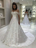 Elegant A-line Lace Appliques Wedding Dresses, Popular Off Shoulder Wedding Gowns OK1949