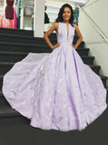 A-Line Floor-Length Lilac Printed Prom Dresses, Simple Long Evening Dresses OKJ12