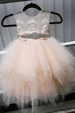 Cute Tulle Jewel Neckline Cap Sleeve Beading Flower Girl Dress With Lace Appliques OK728