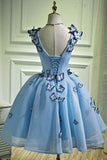 Sky Blue Butterfly Applique A Line V Neck Short Homecoming Dresses OKB67