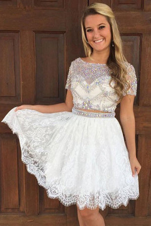 Stylish Homecoming Dress,Two Piece Homecoming Dresses,A-Line Prom Dress,Bateau Homecoming Dress,Short Sleeves Homecoming Dress,Lace Homecoming Dress With Beading