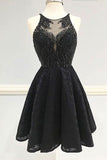 Sexy Black Lace Homecoming Dress,Short V Neck Party Dress,Black Prom Dresses OK308