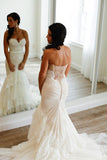 Sweetheart Mermaid Tiered Lace Wedding Dresses Ruched with Tulle Court Train OK540