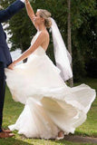 Simple V Neckline A line Backless Ivory A Line Beach Wedding Dress OKC92