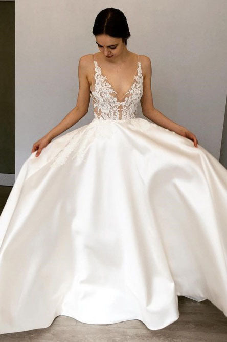A Line Deep V-Neck Floor-Length Satin Wedding Dresses with Lace Appliques OKR42