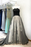 A Line Black Strapless Appliques Long Cheap Prom Dress OKI48